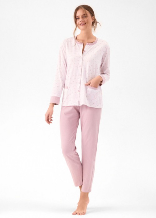 Дамска памучна пижама с копчета INFIORE 4235 Wildlove, yogurt/ rosa